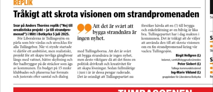 Politiker från Liberalerna i Botkyrka försvarar visionen om Tullingesjöns strandpromenad