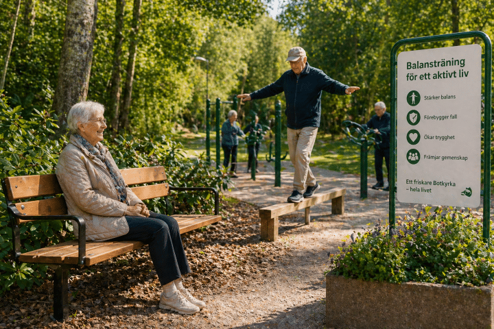 Tillgängliga utemiljöer för äldre i Botkyrka med sittbänk och balansträning i grön parkmiljö